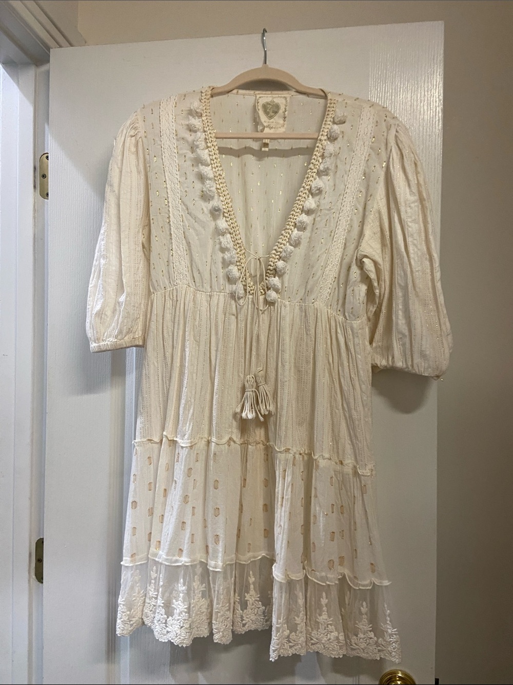 Cream Boho V-Neck Tassel Tunic Top